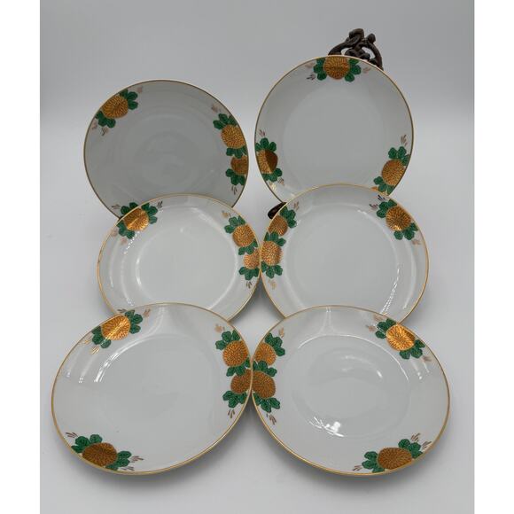 Fitz and Floyd Dessert Plates Gold Flowers with Green Leaves & Gold Trim Set/6 - Picture 9 of 12